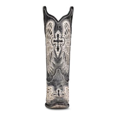 Image showing  Women's Cross and Wings Overlay and Studs Worn Finish Snip Toe Cowgirl Boots