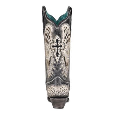 Image showing  Women's Cross and Wings Overlay and Studs Worn Finish Snip Toe Cowgirl Boots