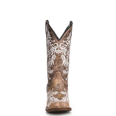 Image showing  Women's Glow in the Dark Feathered Floral Embroidery Square Toe Cowgirl Boots