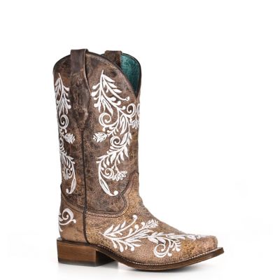 Corral Women's Glow in the Dark Feathered Floral Embroidery Square Toe Cowgirl Boots