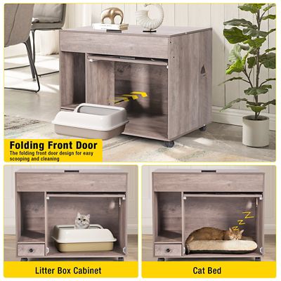Image showing 1 th Aivituvin Wooden Cat Litter Box Enclosure, Side Table with Wheels