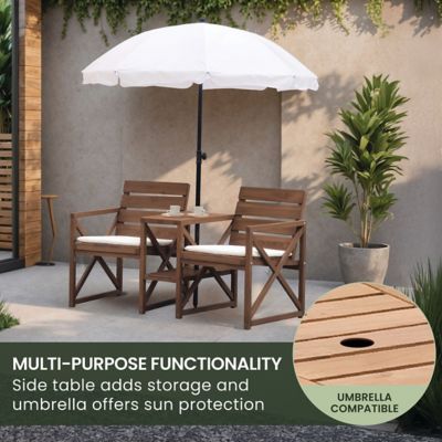 Image showing  Wood Outdoor Conversation Set with Two Seats, Table, and Umbrella