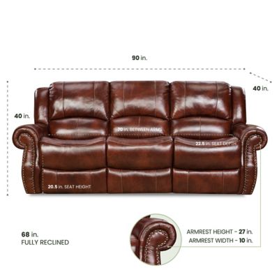 Image showing  90 in. L x 40 in. D x 40 in. H Aspen 100% Genuine Leather Double-Reclining Sofa, Oxblood