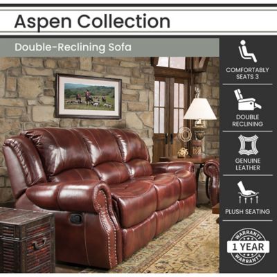 Image showing  90 in. L x 40 in. D x 40 in. H Aspen 100% Genuine Leather Double-Reclining Sofa, Oxblood
