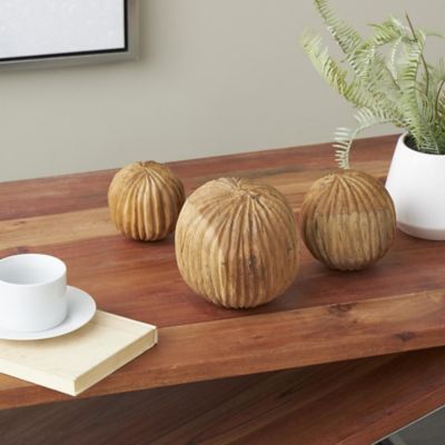 Harper & Willow Teak Wood Handmade Carved Textured Decorative Orbs & Vase Filler with Wavy Ridges