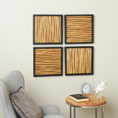 Harper & Willow Teak Wood Handmade Branch Abstract Home Wall Decor with Horizontal Sticks and Black Frames