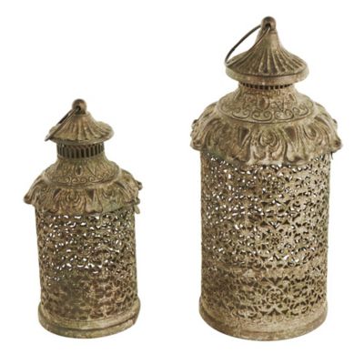 Image showing  Metal Distressed Vintage Inspired Ornate Scroll Indoor Outdoor Candle Lantern