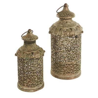 Image showing  Metal Distressed Vintage Inspired Ornate Scroll Indoor Outdoor Candle Lantern