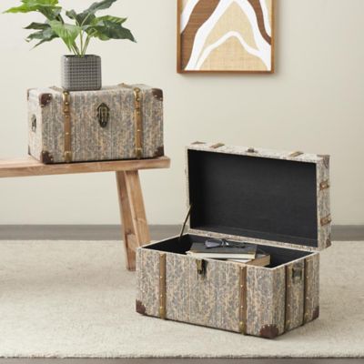 Harper & Willow Wooden Vintage Storage Floral Decorative Trunk with Brown Leather and Wood Accents and Gold Studs