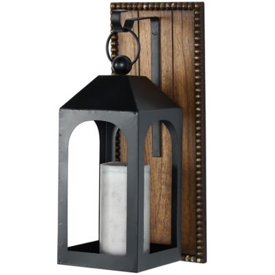 Image showing  Metal Suspended Arched Cutout Indoor Outdoor Wall Sconce with Brown Wood Backing and Beaded Edge, 13397