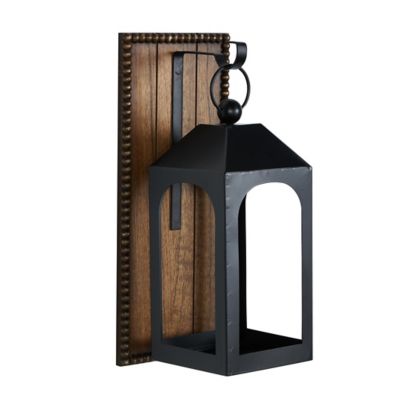 Image showing  Metal Suspended Arched Cutout Indoor Outdoor Wall Sconce with Brown Wood Backing and Beaded Edge, 13397