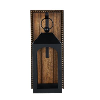Image showing  Metal Suspended Arched Cutout Indoor Outdoor Wall Sconce with Brown Wood Backing and Beaded Edge, 13397