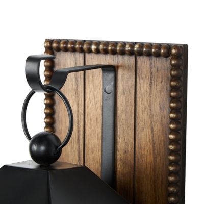 Image showing  Metal Suspended Arched Cutout Indoor Outdoor Wall Sconce with Brown Wood Backing and Beaded Edge, 13397