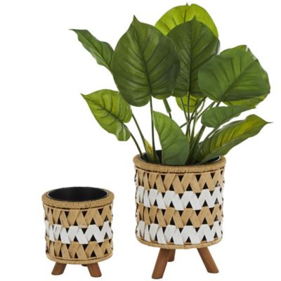 Image showing  Jute Rope Handmade Woven Chevron Geometric Indoor Planter with Black Metal Pots and Wooden Legs