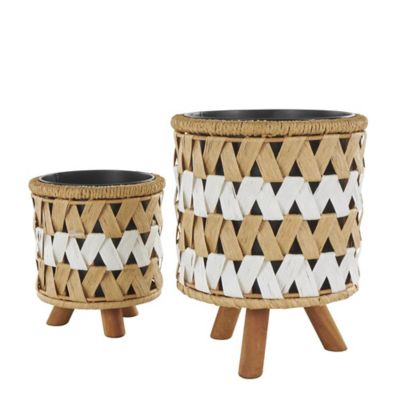 Image showing  Jute Rope Handmade Woven Chevron Geometric Indoor Planter with Black Metal Pots and Wooden Legs