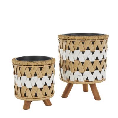 Image showing  Jute Rope Handmade Woven Chevron Geometric Indoor Planter with Black Metal Pots and Wooden Legs