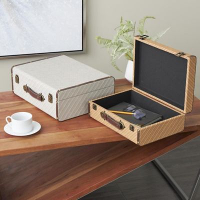 Harper & Willow Wooden Vintage Studded Woven Storage Decorative Trunk with Bronze Latches and Brown Handles