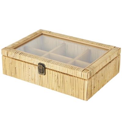 Image showing  Rattan Handmade Wrapped 6 Slot Decorative Jewelry Box with Tempered Glass Top