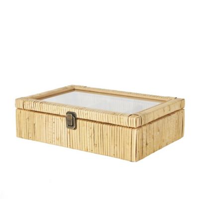 Image showing  Rattan Handmade Wrapped 6 Slot Decorative Jewelry Box with Tempered Glass Top