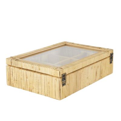 Image showing  Rattan Handmade Wrapped 6 Slot Decorative Jewelry Box with Tempered Glass Top