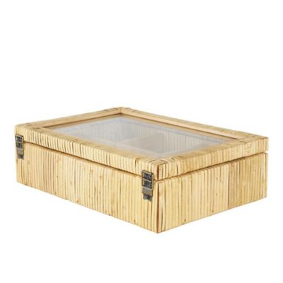 Image showing  Rattan Handmade Wrapped 6 Slot Decorative Jewelry Box with Tempered Glass Top