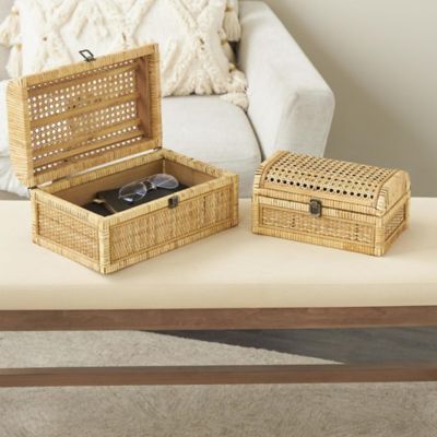 Harper & Willow Rattan Handmade Woven Storage Decorative Box with Curved Tops and Wrapped Edges