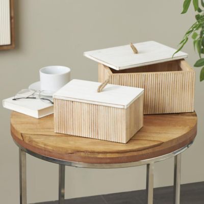 Harper & Willow Wooden Washed Ribbed Storage Decorative Box with White Lids and Rope Handles