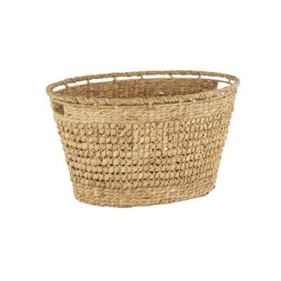 Image showing  Seagrass Handmade Woven Oval Decorative and Functional Storage Basket with Elevated Rim and Slot Handles