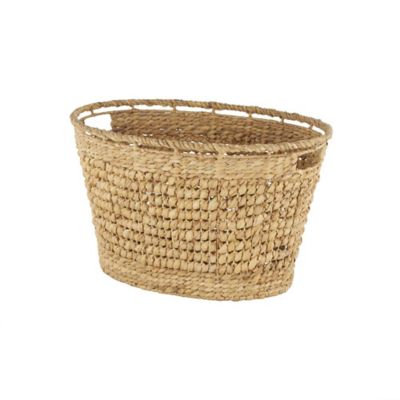 Image showing  Seagrass Handmade Woven Oval Decorative and Functional Storage Basket with Elevated Rim and Slot Handles