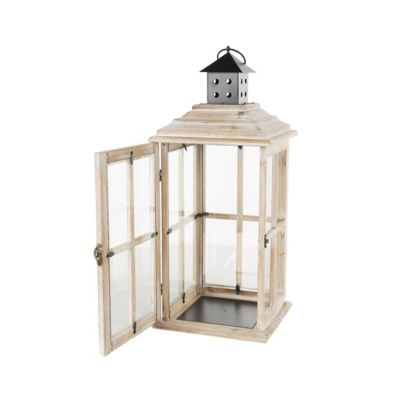 Image showing  Wood Lighthouse Style Decorative Indoor Outdoor Candle Lantern with Black Ring Handle