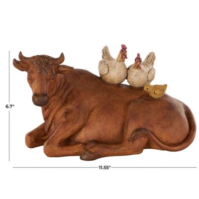 Image showing  Polystone Cow Decorative Sculpture with Sitting Roosters and Chicks
