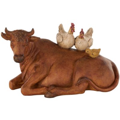 Image showing  Polystone Cow Decorative Sculpture with Sitting Roosters and Chicks