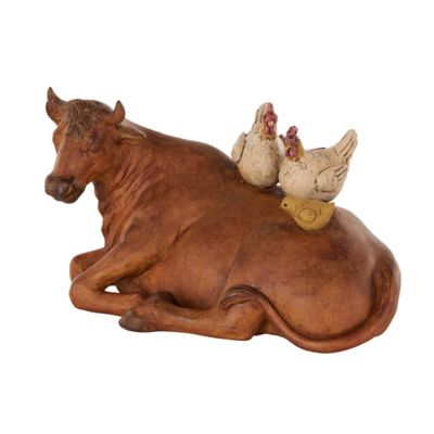 Image showing  Polystone Cow Decorative Sculpture with Sitting Roosters and Chicks