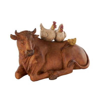 Image showing  Polystone Cow Decorative Sculpture with Sitting Roosters and Chicks
