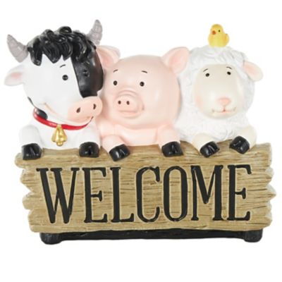 Image showing  Polystone Farm Animals Decorative Sculpture with Brown Welcome Sign