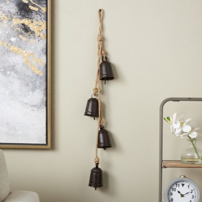 Harper & Willow Metal Handmade Cluster Indoor Outdoor Decorative Bells with 4 Bells on Jute Hanging Rope, 17715