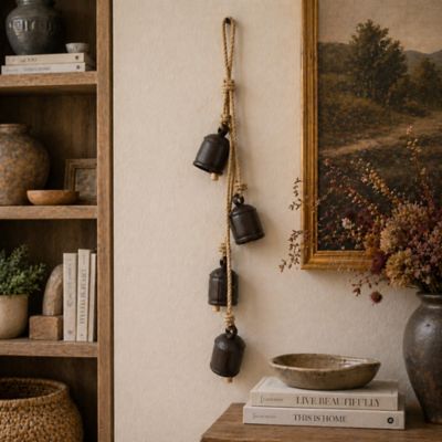 Harper & Willow Metal Cluster Indoor Outdoor Decorative Bells with 4 Bells on Jute Hanging Rope, 17717