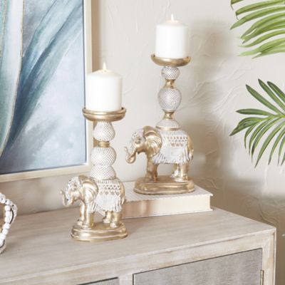 Harper & Willow Polystone Elephant Decorative Candle Holder with White Wash Finish