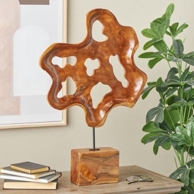 Harper & Willow Teak Wood Cutout Abstract Decorative Sculpture with Block Base
