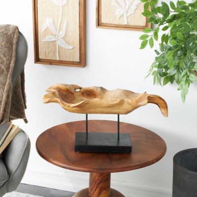 Harper & Willow Teak Wood Floating Leaf Decorative Sculpture with Black Stand and Base