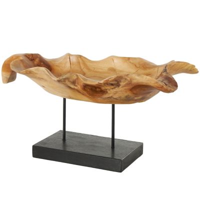 Image showing  Teak Wood Floating Leaf Decorative Sculpture with Black Stand and Base