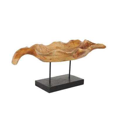 Image showing  Teak Wood Floating Leaf Decorative Sculpture with Black Stand and Base