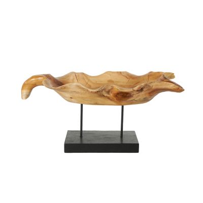 Image showing  Teak Wood Floating Leaf Decorative Sculpture with Black Stand and Base