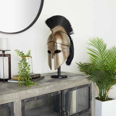 Harper & Willow Metal Replica Medieval Greek Spartan Decorative Helmet with Brown Wood Stand and Plume