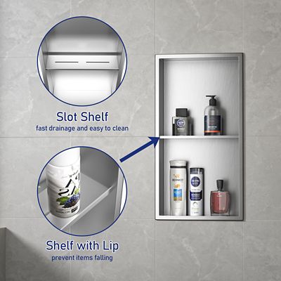 Image showing  24 in. Stainless Steel Double Shelf Shower Niche, Brushed