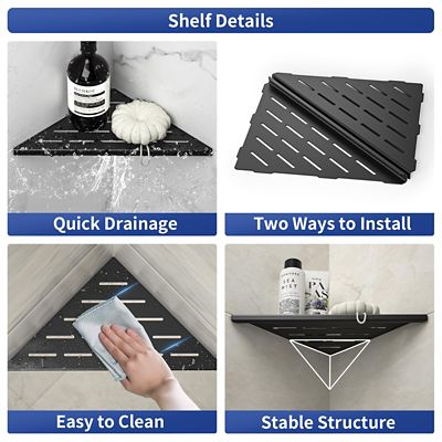 Image showing  10 in. Stainless Steel Corner Shower Shelf, Slot Design for Tiled Walls, Matte Black, 2-Pack