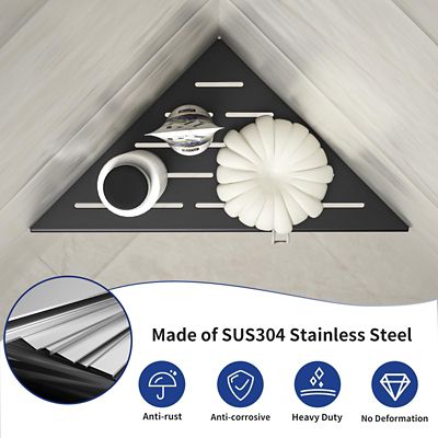 Image showing  10 in. Stainless Steel Corner Shower Shelf, Slot Design for Tiled Walls, Matte Black, 2-Pack