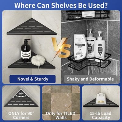 Image showing  10 in. Stainless Steel Corner Shower Shelf, Slot Design for Tiled Walls, Matte Black, 2-Pack