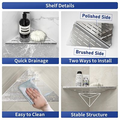 Image showing  10 in. Stainless Steel Corner Shower Shelf, Slot Design for Tiled Walls, Polished, 2-Pack
