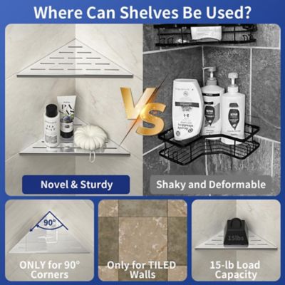 Image showing  10 in. Stainless Steel Corner Shower Shelf, Slot Design for Tiled Walls, Polished, 2-Pack